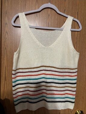 Cream Knit Tank with Multicolor Stripes - Sleeveless Summer Top
